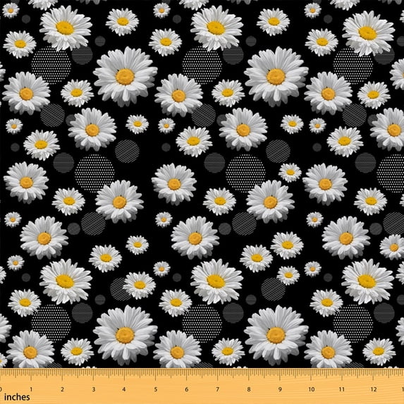 Erosebridal Realistic Daisy Fabric by the Yard 3 Yards, Black Dot Circle Pattern Room Decor Fabric by the Yard