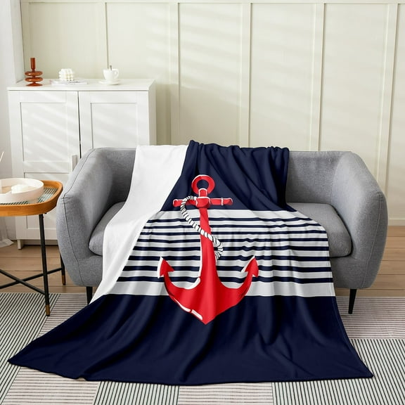 Erosebridal Red Anchor Flannel Blanket, Geometric Sherpa Throw, Cartoon Nautical Decor