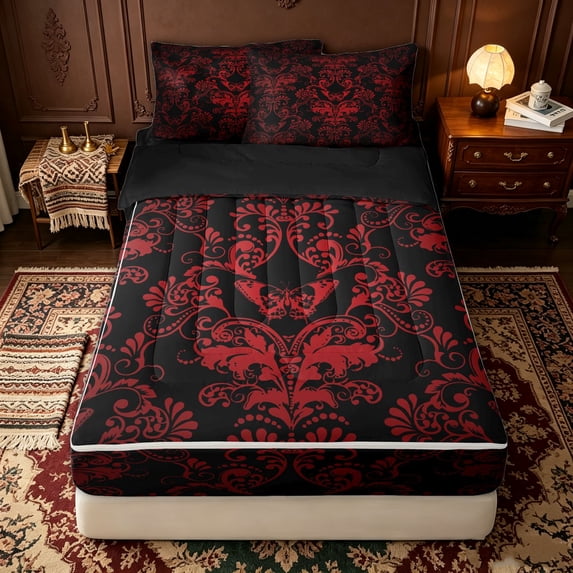 Erosebridal Red Baroque Damask Zipper Full Size Comforter Sets with Fitted Sheet and 2 Pillowcases for Women Girls, Gothic Floral Butterfly Moth Zipper Bedding Set, Black Reversible, 4 Pieces