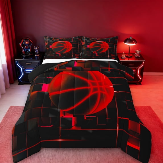 Erosebridal Red Basketball Bedding Sets Queen with Comforter,Modern Geometric Grid Duvet Insert,Glowing Neon Light Comforter Sets Queen Size For Teens,Breathable Room Decor Reversible,3pcs