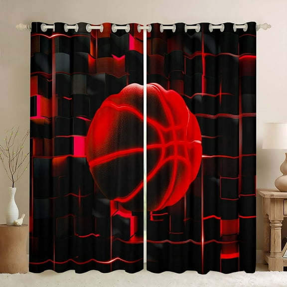 Erosebridal Red Basketball Curtains Pack of 2 (38x45),Modern Geometric Grid Black Out Curtains,Glowing Neon Light Curtains for Living Room For Teens,Breathable Room Decor