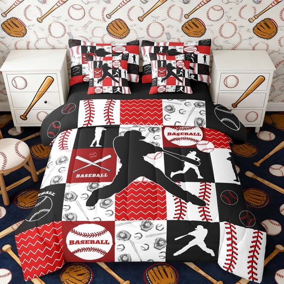 Erosebridal Red Black Baseball Patchwork Bedding Comforter Set, Sport Full Bedding Set for Boys and Girls, Black Reversible 7pcs