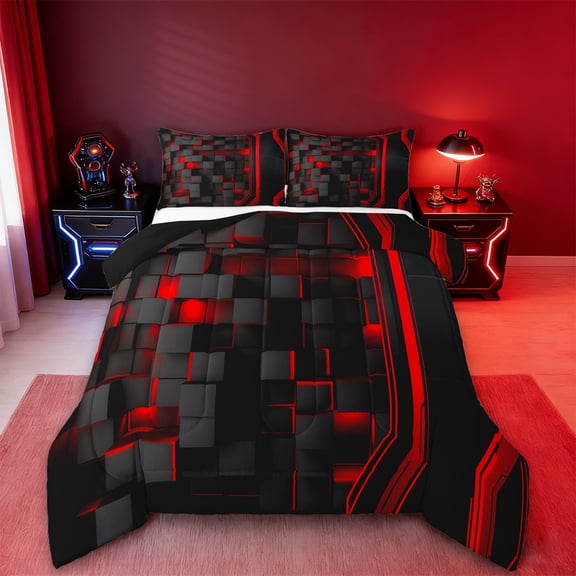 Erosebridal Red Black Grid Bedding Sets Twin with Comforter,Modern Geometric Duvet Insert,Neon Plaid Comforter Sets Twin Size For Teens,Ultra Soft Room Decoration Reversible,2 Pieces