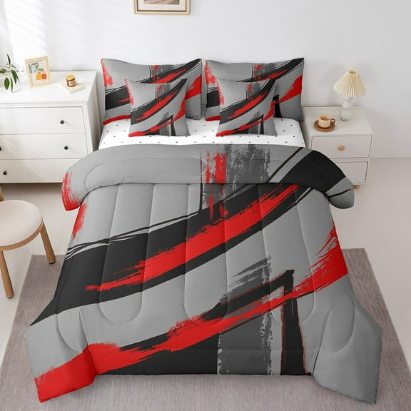 Erosebridal Red Black Ombre Bed in a Bag Queen Size,Geometric Geometry Stripes Bed Set,Abstract Aesthetic Art Bedding Queen Size,Super Cozy Bedroom Decoration Reversible,7 Pieces