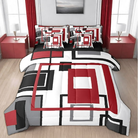 Erosebridal Red Black White Grey Bedding Set Twin Teen,Geometric Square Comforter Set With Sheets Geometry Striped 7 Piece Bed In A Bag Modern Abstract Bed Set Farmhouse Bedding