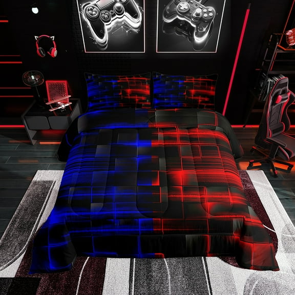 Erosebridal Red and Blue Comforter Set Twin Size Geometric Comforter Geometry Strip Lines Bedding Set Abstract Art Duvet Set Room Decor Quilt Set