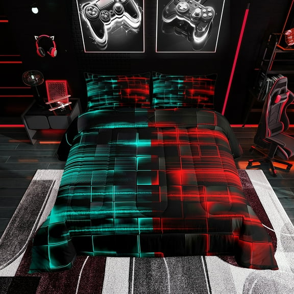 Erosebridal Red and Blue Comforter Set Twin Size Geometric Comforter Geometry Strip Lines Bedding Set Abstract Art Duvet Set Room Decor Quilt Set