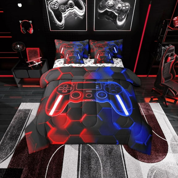 Erosebridal Red Blue Gamepad Bedding Sets Twin Size, Gradient Geometric Comforter Sets with Sheets, Gaming Sports Reversible Bedding Twin Size, Ultra Soft Bedroom Decor, 7pcs