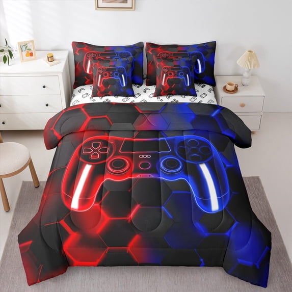 Erosebridal Red Blue Gamepad Bedding Sets Twin Size, Gradient Geometric Comforter Sets with Sheets, Gaming Sports Reversible Bedding Twin Size, Ultra Soft Bedroom Decor, 7pcs