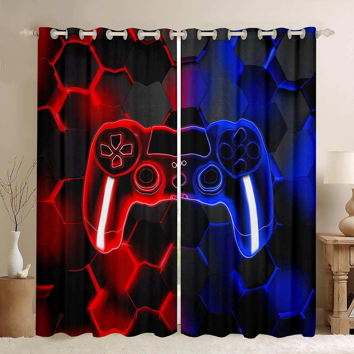 Erosebridal Red Blue Gamepad Curtains Pack of 2 (42x63), Gradient Geometric 30%-50% Blackout Curtains for Bedroom, Gaming Sports 30%-50% Black Out Curtains, Window Curtains Bedroom Decor