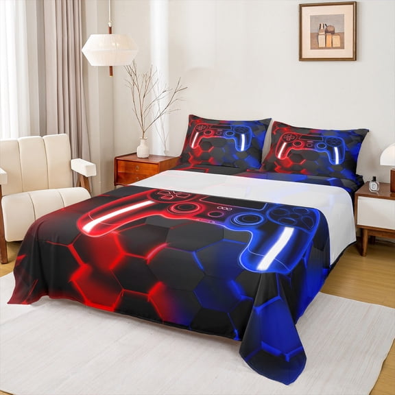 Erosebridal Red Blue Gamepad Sheet Set Twin, Gradient Geometric Bedding Sets Twin Size, Gaming Sports Twin Sheet Sets, Ultra Soft Bedroom Decor, 3pcs