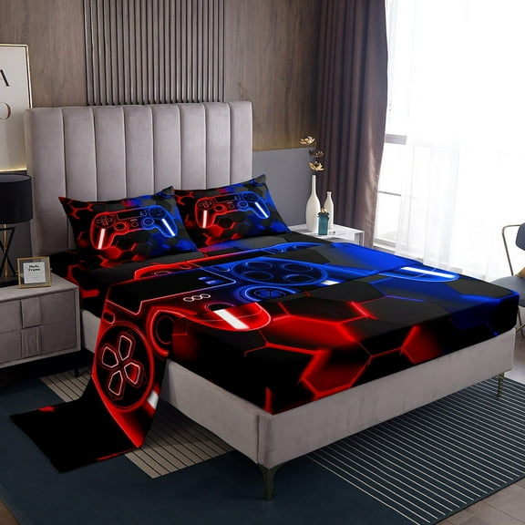Erosebridal Red Blue Gamepad Sheet Set Twin, Gradient Geometric Bedding Sets Twin Size, Gaming Sports Twin Sheet Sets, Ultra Soft Bedroom Decor, 3pcs