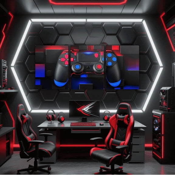 Erosebridal Red Blue Gaming Canvas Wall Art Living Room, Teens Gamepad Print Framed Wall Art Set of 3, Futuristic Cubes Bedroom Decor