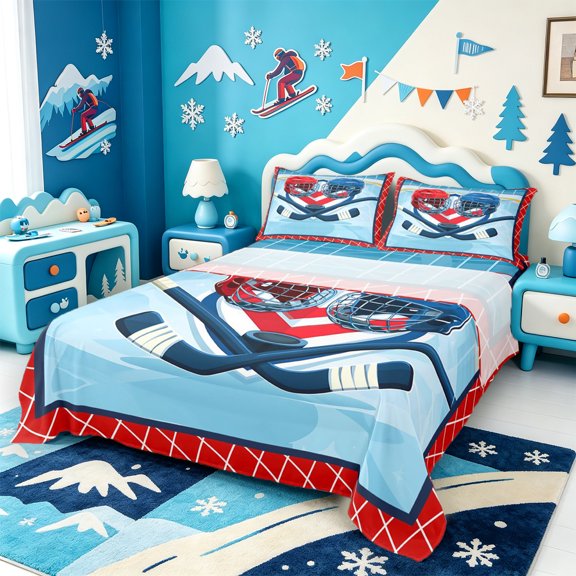 Erosebridal Red Blue Hockey Helmet Bed Sheets,Crossed Stick Goal Full Size Sheets,4pcs,1 Flat Sheet,1 Fitted Sheet and 2 Pillowcases