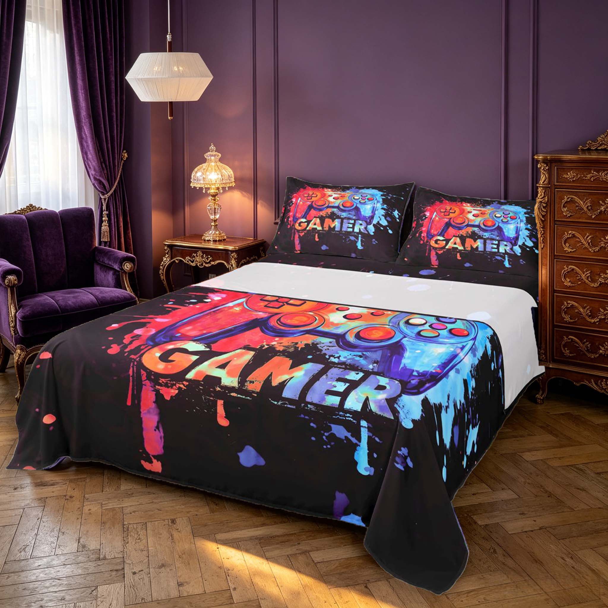 Erosebridal Red Blue Tie Print Warm Esports Gamepad King Sheets,Paint ...
