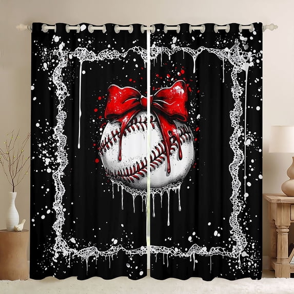 Erosebridal Red Bow Baseball Curtains Pack of 2 (42x84 Each), Sport Curtains Blackout for Girls and Boys
