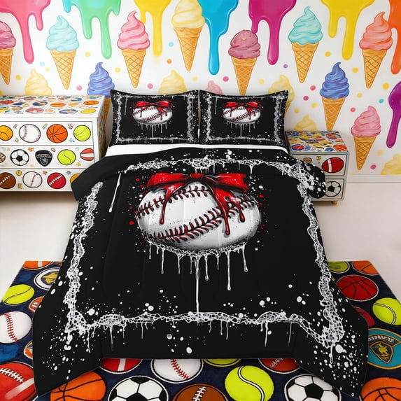 Erosebridal Red Bow Baseball Full Size Comforter Sets, Sport Bedding Sets for Girls and Boys, Black Reversible 3 Pieces, 1 Comforter and 2 Pillowcases