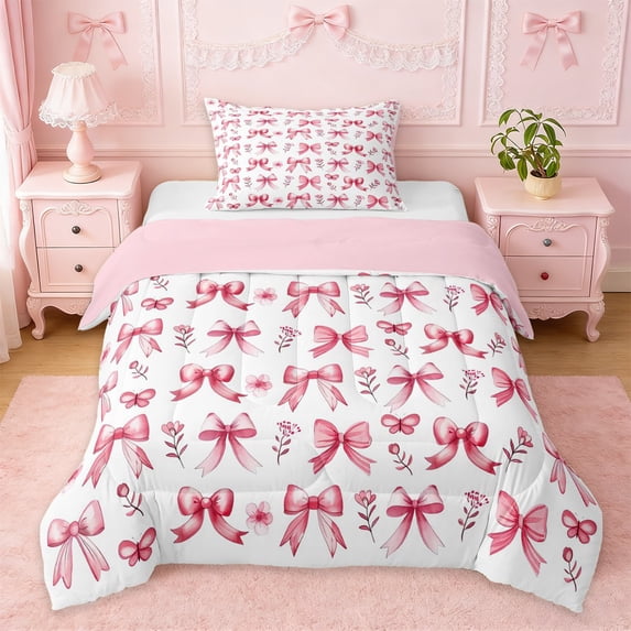 Erosebridal Red Bow Tie Twin Comforter Sets For Kids,Rustic Flower Bedding Set For Girls,Pink Reversible,2 Pieces
