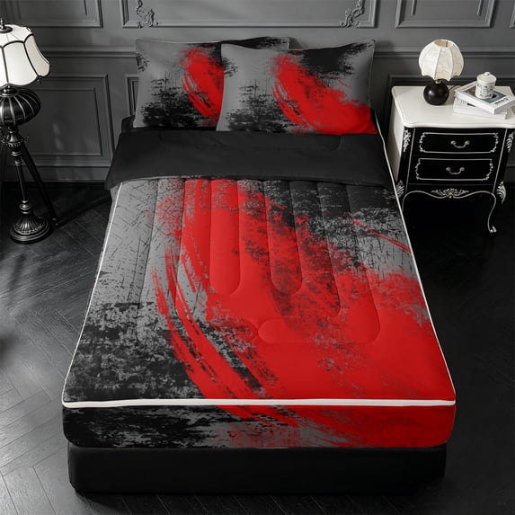 Erosebridal Red Brush Zipper Twin Comforter Sets with Fitted Sheet and 2 Pillowcases,Abstract Geometric Zipper Bedding Set For Girls,Black Reversible,4-Piece