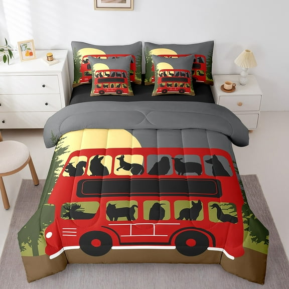 Erosebridal Red Bus Bedding Sets Queen Size, Wildlife Deer Animals Comforter Sets with Sheets, Jungle Woodland Decor, Reversible