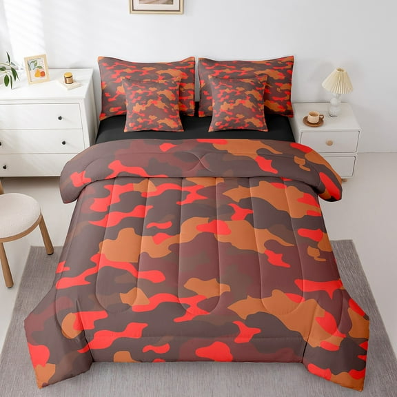 Erosebridal Red Camouflage Bedding Sets King Size, Militarily Camo Comforter Sets with Sheets, Cartoon Army Reversible Bedding King Size, Ultra Soft Bedroom Decor, 7 Pieces