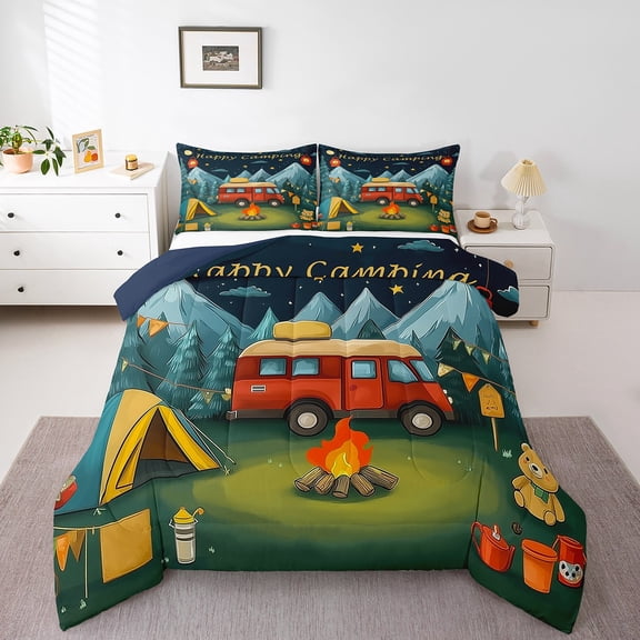 Erosebridal Red Camper Bedding Twin Comforter Set,Cartoon Bear Down Comforter,Tent Camping Bedding Sets Twin with Comforter,Microfiber Travel Bedroom Decorative,Reversible,2-Piece