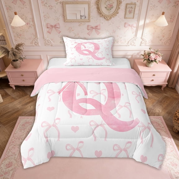 Erosebridal Pink Bowknot Comforter Sets Twin Size, Initial Q Letter Comforters & Duvets, Cartoon Love Decor, Reversible