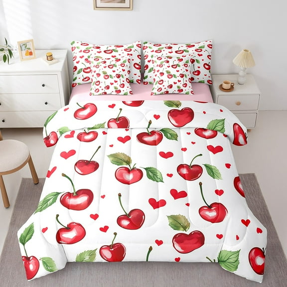 Erosebridal Red Cherry Bedding Full Size, Love Heart Bed in a Bag Full size, Cartoon Fruit Reversible Bed Set, Breathable Room Decor, 7-Piece