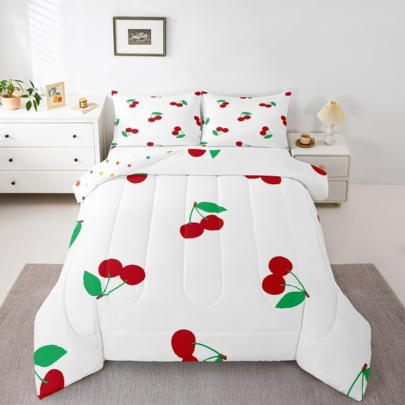 Erosebridal Red Cherry Bedding King Comforter Set,Cartoon Fruit Bedding Sets King with Comforter,Kawaii Decoration,Reversible,Lightweight,3-Piece