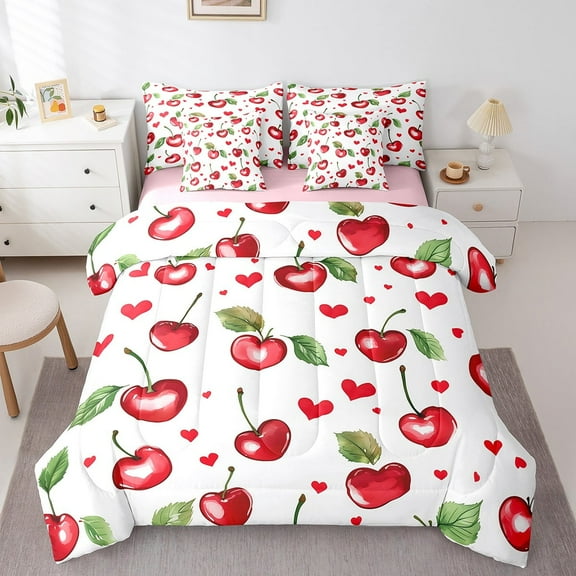 Erosebridal Red Cherry Bedding Sets Queen Size, Love Heart Comforter Sets with Sheets, Cartoon Fruit Reversible Bed Sheets Set, Breathable Room Decor, 7-Piece