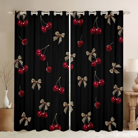 Erosebridal Red Cherry Leopard Print Bow Curtains Pack of 2 (42x84 Each) for Girls, Cherry Bow Curtains Blackout