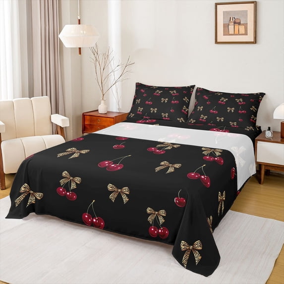 Erosebridal Red Cherry Leopard Print Bow Full Size Sheets for Girls, Cherry Bow Bed Sheets, 4pcs