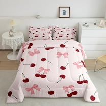 Erosebridal Red Cherry Print Bedding King Comforter Set, Girly Bowknot Down Comforter, Cartoon Theme Decor, Lightweight 3pcs
