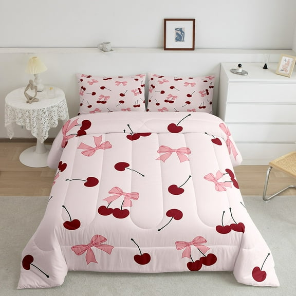 Erosebridal Red Cherry Print Bedding King Comforter Set, Girly Bowknot Down Comforter, Cartoon Theme Decor, Lightweight 3pcs