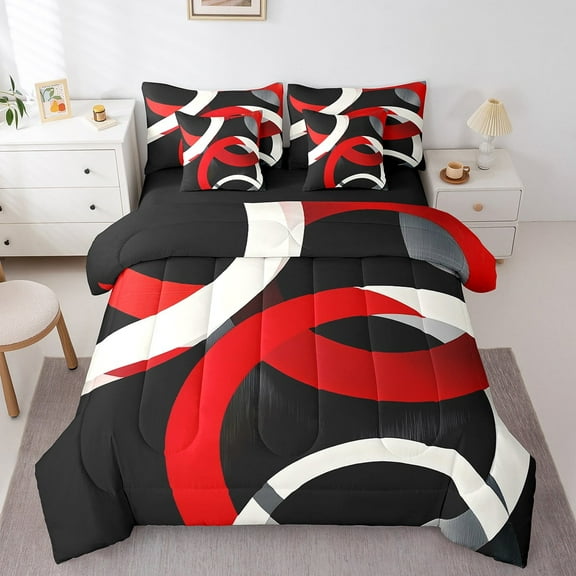 Erosebridal Red Circle Bedding Sets Twin Size,Geometric Stripes Comforter Sets with Sheets,Round Lines Bed in a Bag Twin size,Ultra Soft Abstract Bedroom Decorative,Reversible,7pcs