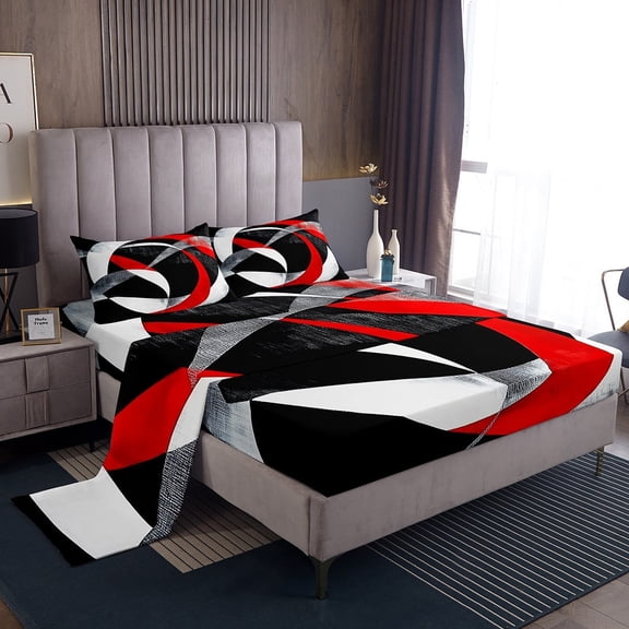 Erosebridal Red Circle Sheet Set Twin,Geometric Stripes Bedding Sets Twin Size,Round Lines Twin Sheet Sets,Ultra Soft Abstract Bedroom Decorative,3pcs