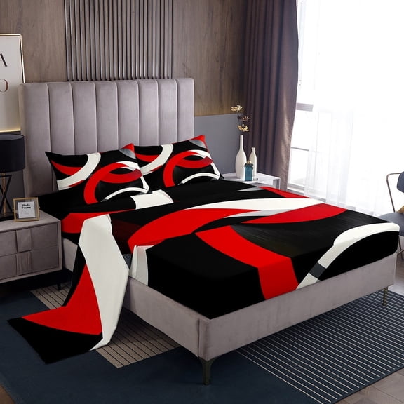 Erosebridal Red Circle Sheet Set Twin,Geometric Stripes Bedding Sets Twin Size,Round Lines Twin Sheet Sets,Ultra Soft Abstract Bedroom Decorative,3pcs