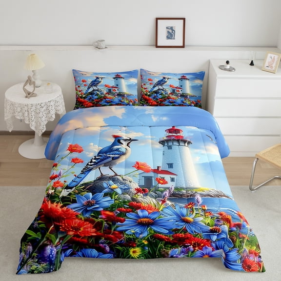 Erosebridal Red Daisy Floral Bedding King Comforter Set, Marine Bird Down Comforter, Ocean Lighthouse Decor, Breathable 3pcs