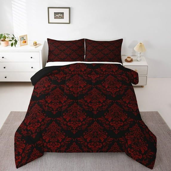 Erosebridal Red Damask Bedding Sets Full With Comforter,Vintage Baroque Flower Duvet Insert,Bohemian Room Decorative,Reversible,Lightweight,3 Pieces