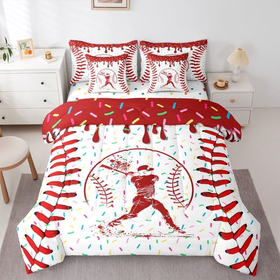 Erosebridal Red Dripping Baseball Stitch & Batter Silhouette Graphic Twin Bedding Sets 7-Piece, Baseball Graphic Bedding Comforter Set for Boys And Girls Kids,Ultra Soft Home Decor