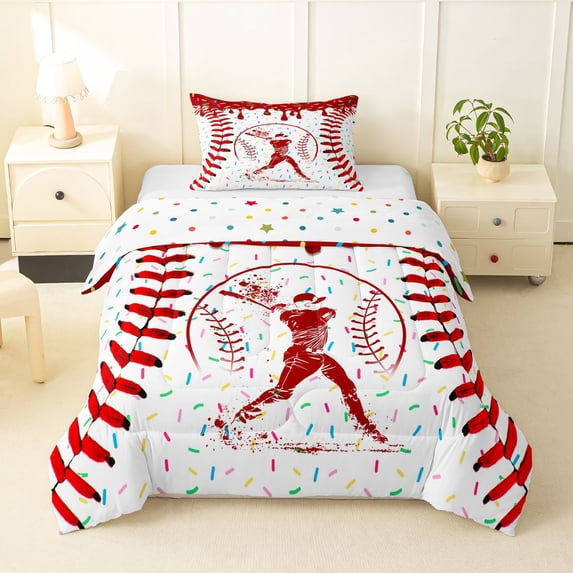 Erosebridal Red Dripping Baseball Stitch & Batter Silhouette Graphic Twin Comforter Sets 3-Piece, Baseball Graphic Bedding Set for Boys And Girls Kids,Ultra Soft Home Decor