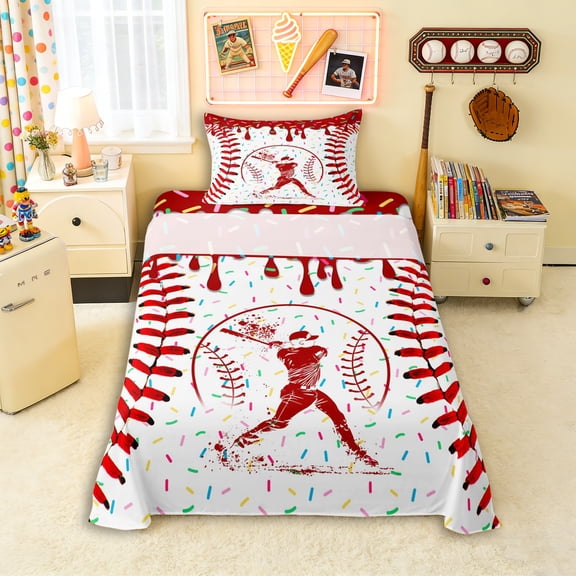 Erosebridal Red Dripping Baseball Stitch & Batter Silhouette Graphic Twin Sheet Sets 3pcs, Baseball Graphic Bedding for Boys And Girls Kids,Ultra Soft Home Decor