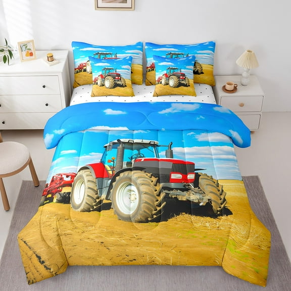 Erosebridal Red Farm Tractor Bed in a Bag Twin Size, Farmhouse Truck Theme Bed Set Lightweight 7 Pieces