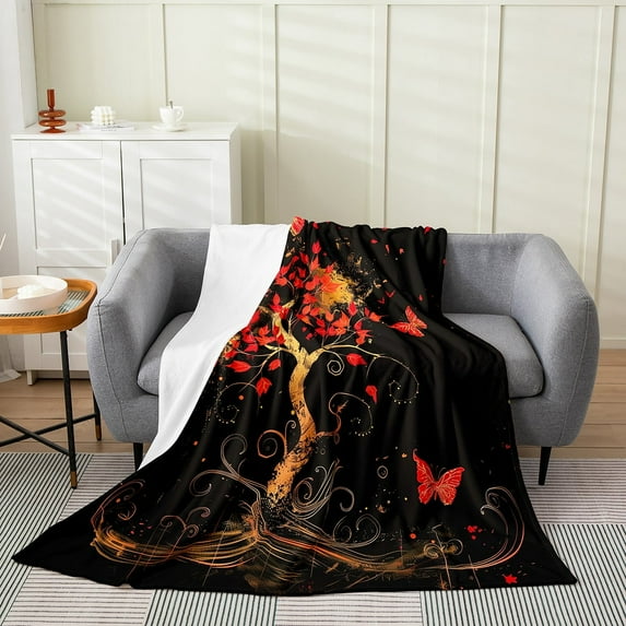 Erosebridal Red Flower Tree Flannel Blanket, Butterfly Sherpa Throw, Chic Stripes Fuzzy Blanket Throw, Fleece Blanket Bedroom Decor