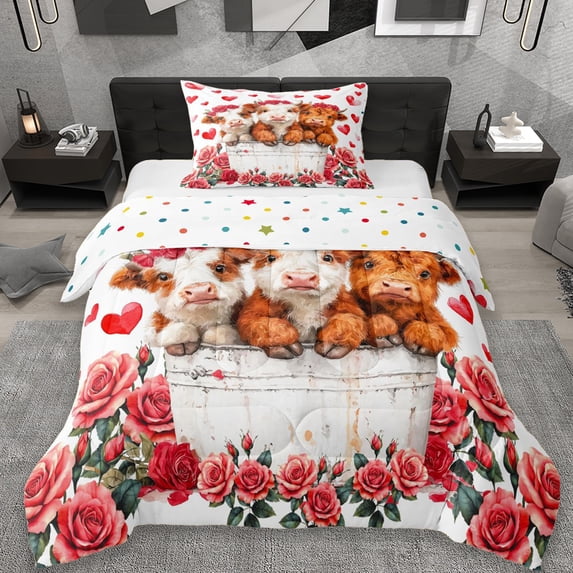 Erosebridal Red Flowers Blossom Twin Comforter Sets,Cute Farm Highland Cow Bedding Set For Men Women, Reversible 2 Pieces