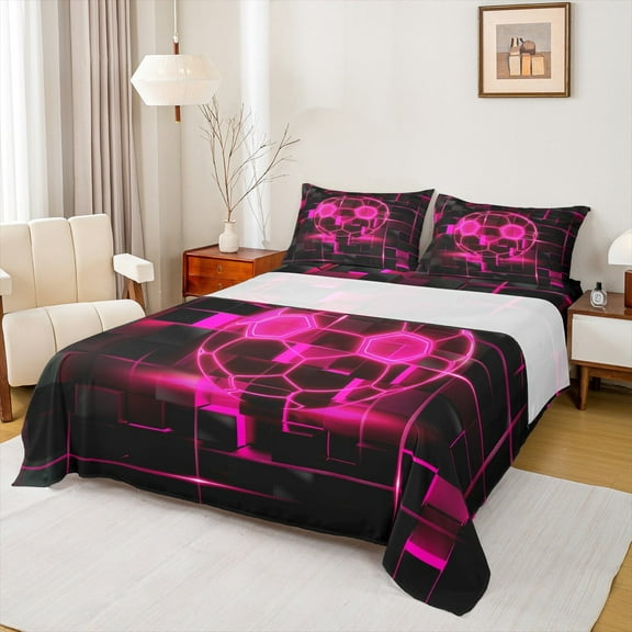 Erosebridal Red Football Bed Sheets Twin,Modern Geometric Grid Bedding Twin Size,Pink Glowing Neon Light Sheet Set Twin For Teens,Breathable Room Decor，3-Piece