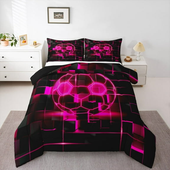 Erosebridal Red Football Bedding Twin Comforter Set,Modern Geometric Grid Down Comforter,Pink Glowing Neon Light Bedding Sets Twin with Comforter For Teens,Breathable Room Decor Reversible,2 Pieces