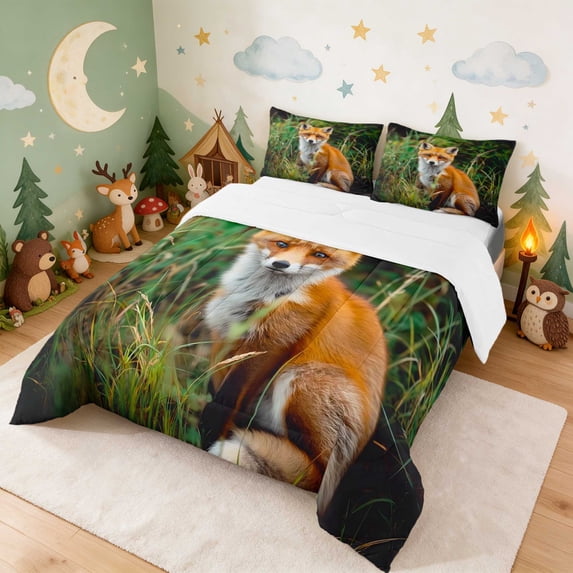 Erosebridal Red Fox King Size Comforter Sets for Boys Girls, Wildlife Grass Comforters King Size, 3pcs 1 Comforter and 2 Pillowcases