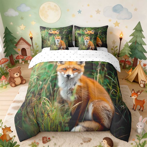 Erosebridal Red Fox Twin Bedding for Boys Girls, Wildlife Grass Bedding Comforter Set 7pcs