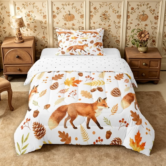 Erosebridal Red Fox Twin Comforter Sets 2pcs,Autumn Forest Bedding Set,Orange White,Reversible,1 Comforter and 1 Pillowcase